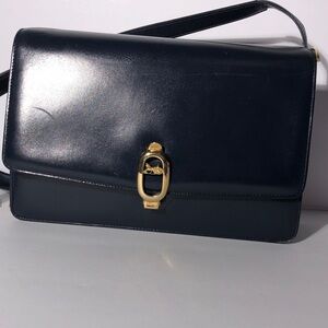✨ Pre-Loved Vintage Celine Navy Leather Shoulder Bag with Gold Hardware ✨
